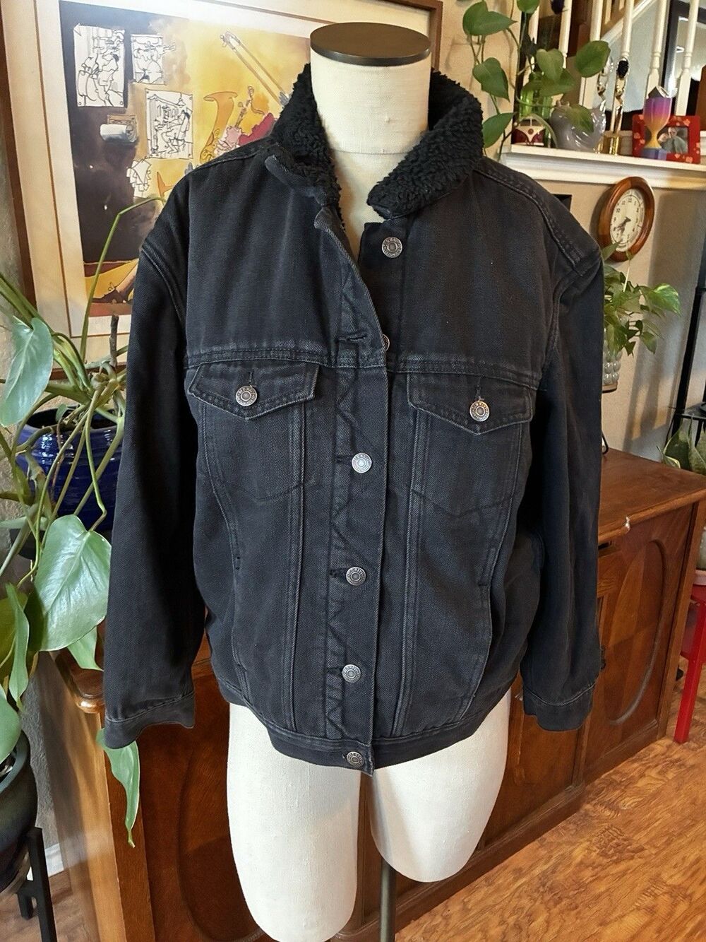 Old Navy Jacket Womens Small Black Sherpa Lined Denim Trucker Boyfriend Coat